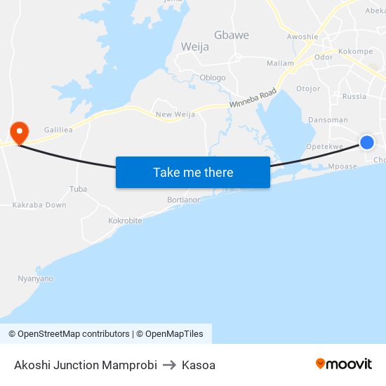 Akoshi Junction Mamprobi to Kasoa map