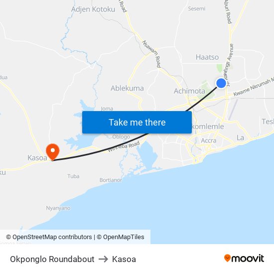 Okponglo Roundabout to Kasoa map