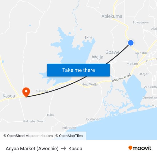 Anyaa Market (Awoshie) to Kasoa map