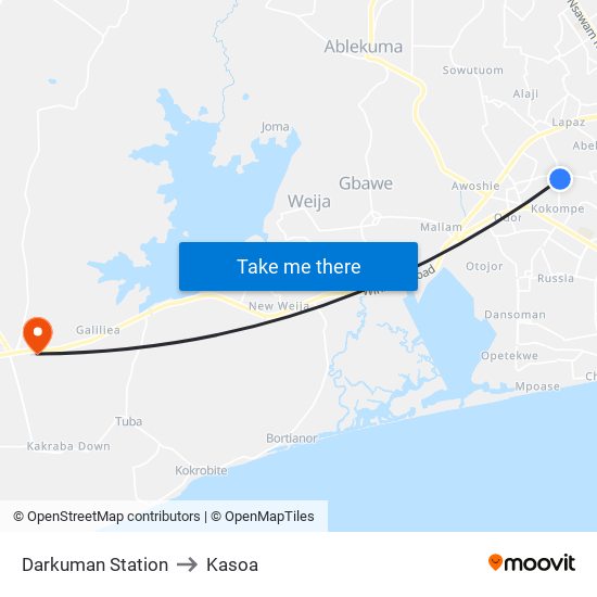 Darkuman Station to Kasoa map