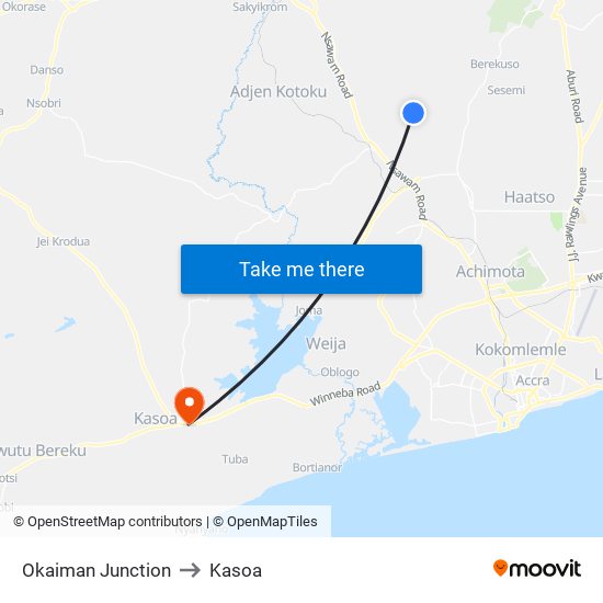 Okaiman Junction to Kasoa map