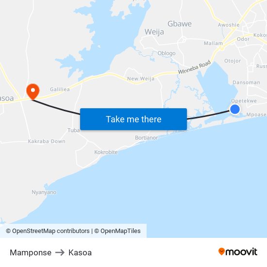 Mamponse to Kasoa map