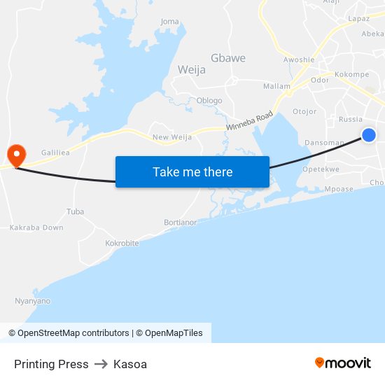 Printing Press to Kasoa map