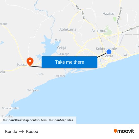 Kanda to Kasoa map