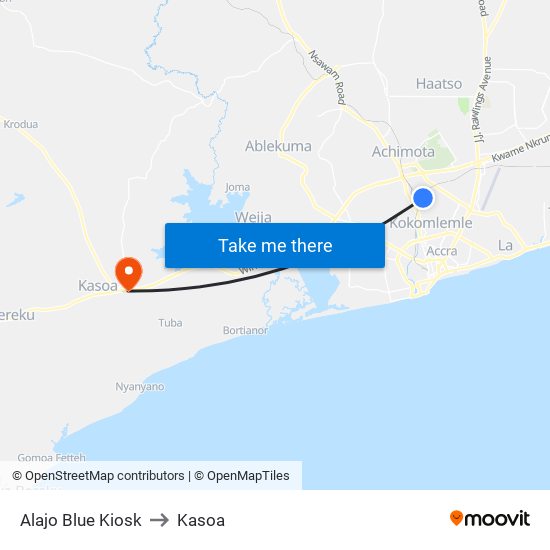 Alajo Blue Kiosk to Kasoa map