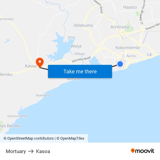 Mortuary to Kasoa map