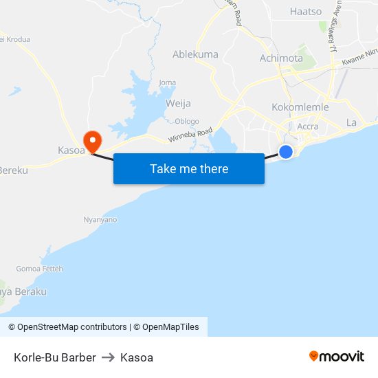 Korle-Bu Barber to Kasoa map