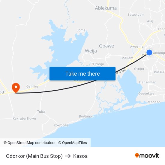 Odorkor (Main Bus Stop) to Kasoa map