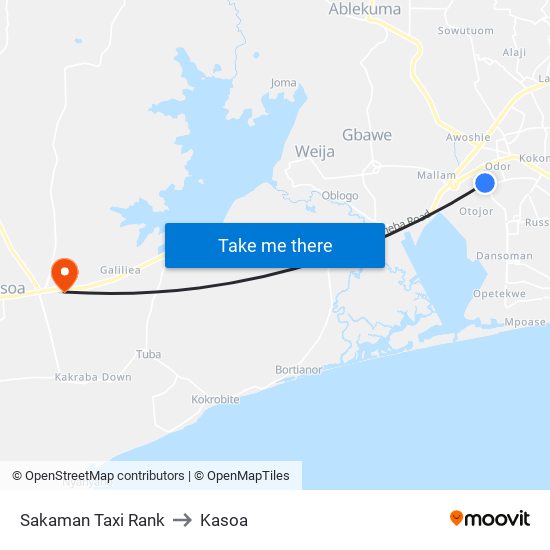 Sakaman Taxi Rank to Kasoa map