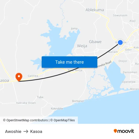 Awoshie to Kasoa map