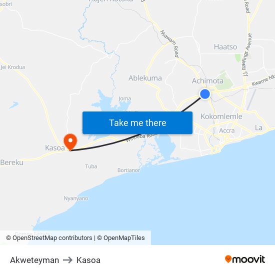 Akweteyman to Kasoa map