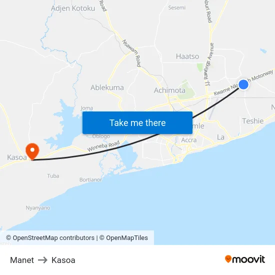 Manet to Kasoa map