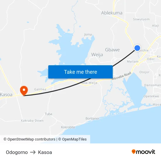 Odogorno to Kasoa map