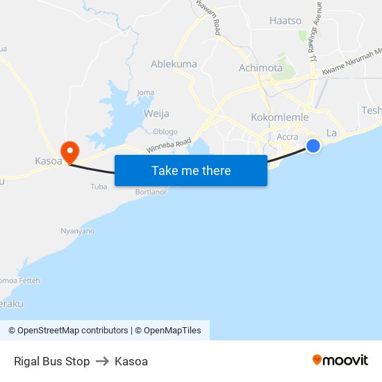 Rigal Bus Stop to Kasoa map