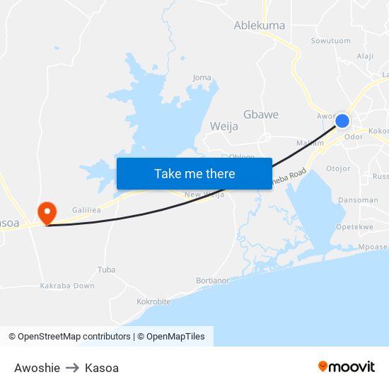Awoshie to Kasoa map