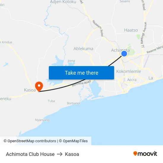 Achimota Club House to Kasoa map