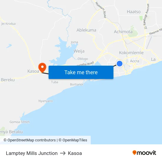 Lamptey Mills Junction to Kasoa map