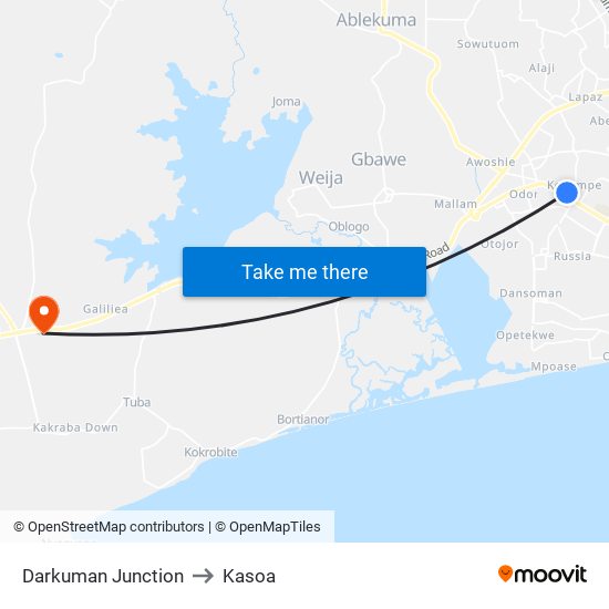 Darkuman Junction to Kasoa map