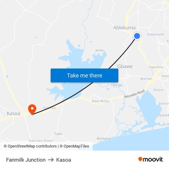 Fanmilk Junction to Kasoa map