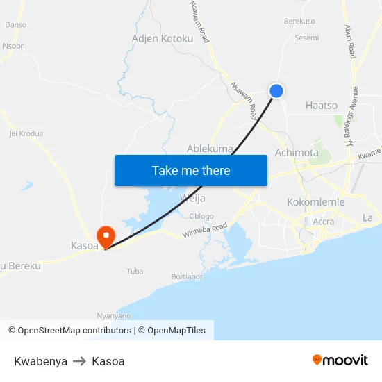 Kwabenya to Kasoa map
