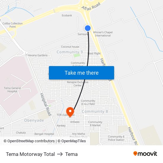 Tema Motorway Total to Tema map
