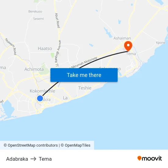 Adabraka to Tema map