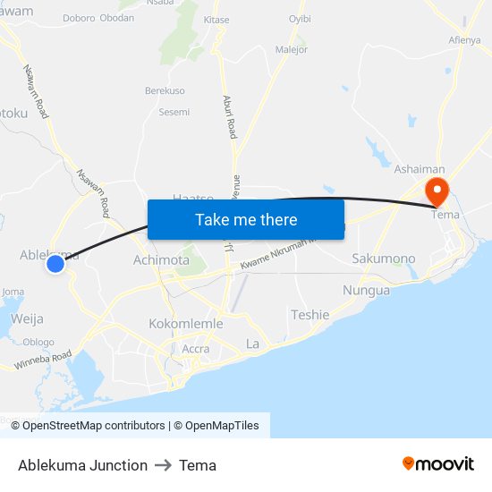 Ablekuma Junction to Tema map
