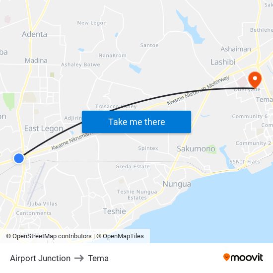 Airport Junction to Tema map