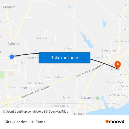 Ritz Junction to Tema map