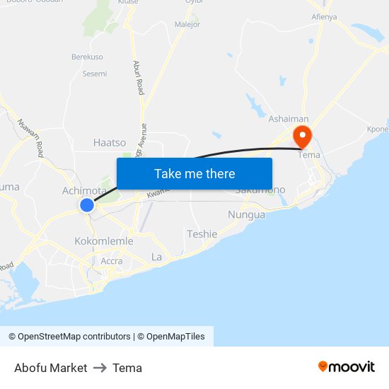 Abofu Market to Tema map