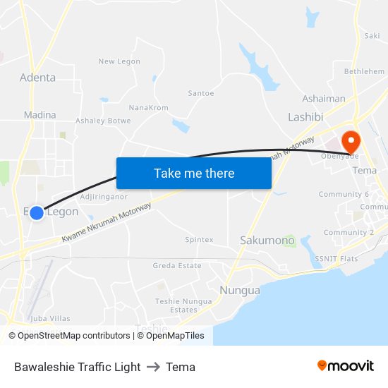Bawaleshie Traffic Light to Tema map