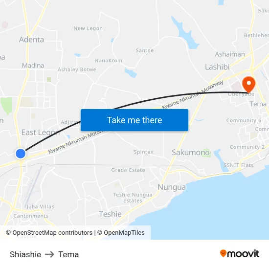 Shiashie to Tema map