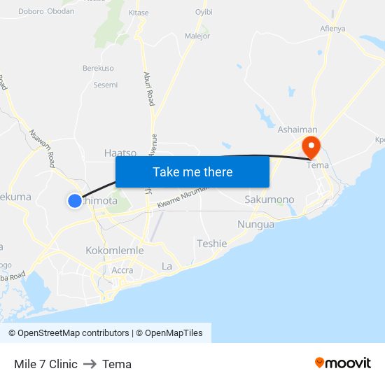 Mile 7 Clinic to Tema map