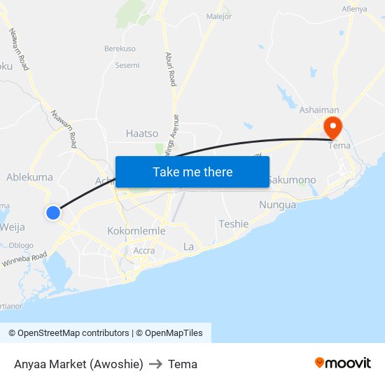 Anyaa Market (Awoshie) to Tema map