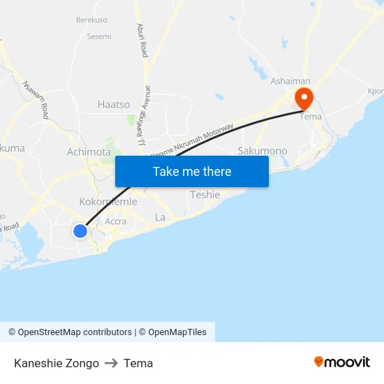 Kaneshie Zongo to Tema map