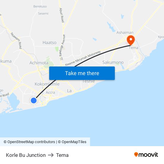 Korle Bu Junction to Tema map