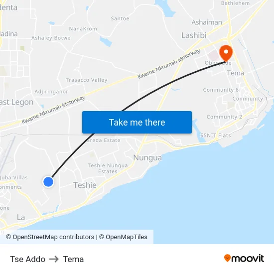 Tse Addo to Tema map