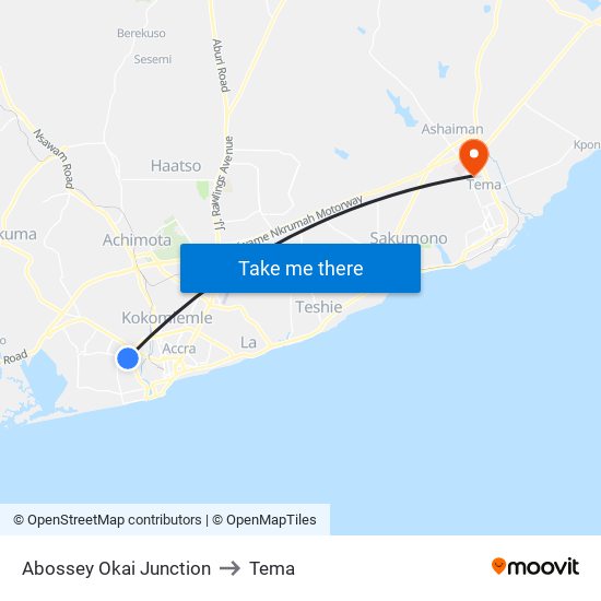 Abossey Okai Junction to Tema map