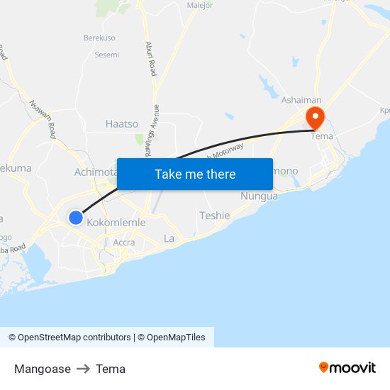 Mangoase to Tema map