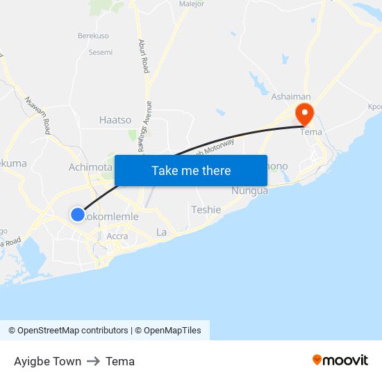 Ayigbe Town to Tema map