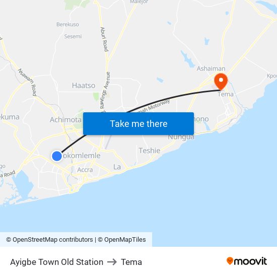 Ayigbe Town Old Station to Tema map