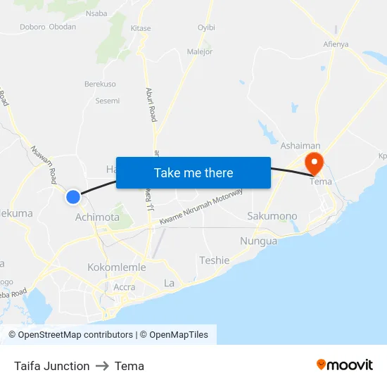 Taifa Junction to Tema map