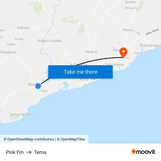 Pink Fm to Tema map