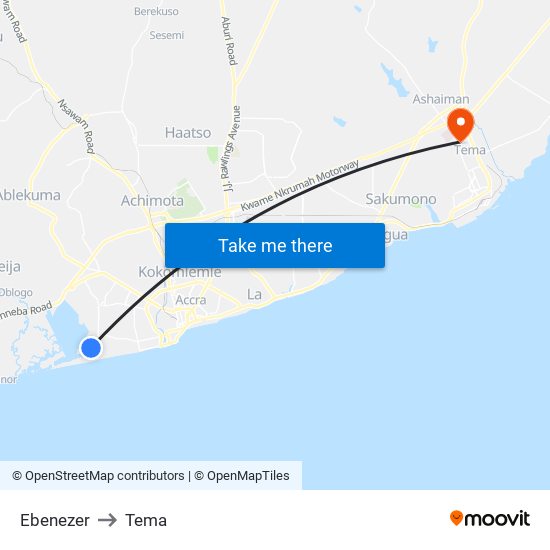 Ebenezer to Tema map