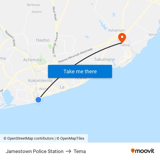 Jamestown Police Station to Tema map