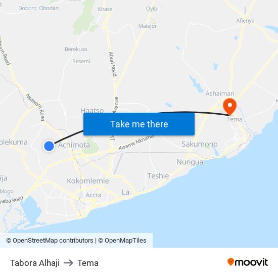 Tabora Alhaji to Tema map