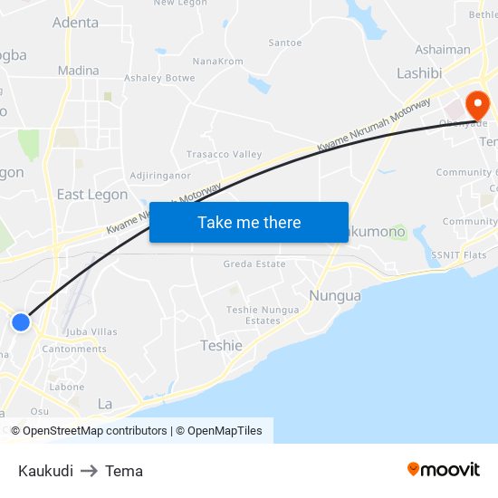 Kaukudi to Tema map