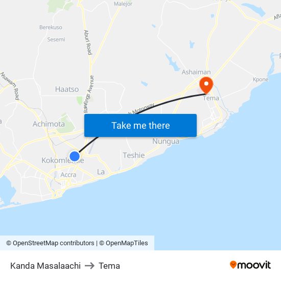 Kanda Masalaachi to Tema map