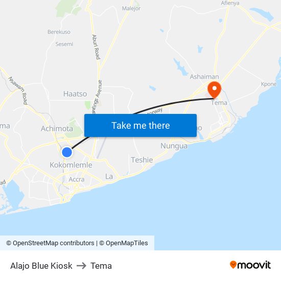 Alajo Blue Kiosk to Tema map