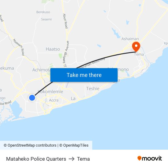 Mataheko Police Quarters to Tema map